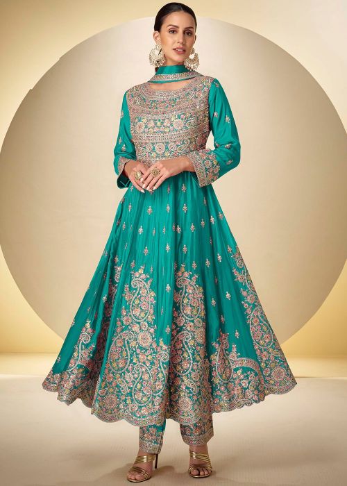Teal Blue Chiffon Anarkali Suit With Zari Accents