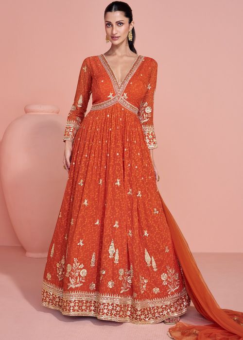 orange colour anarkali dress Orange Anarkali Full Suit With Same Colour Dupatta-1605  Aman Sandhu  Boutique