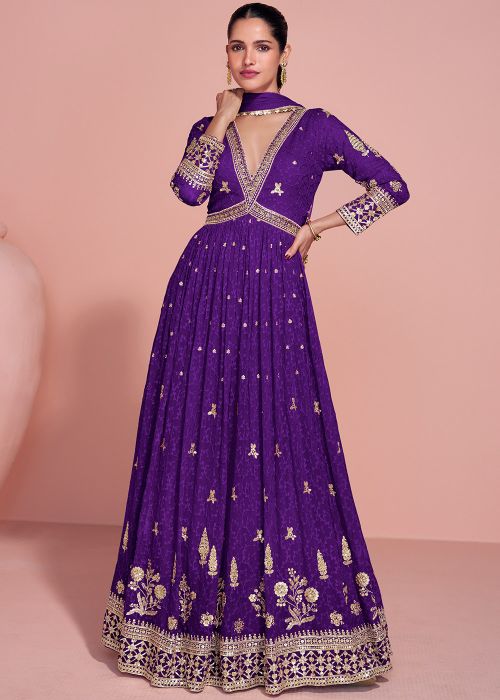 Purple Georgette Anarkali Suit With Thread Work