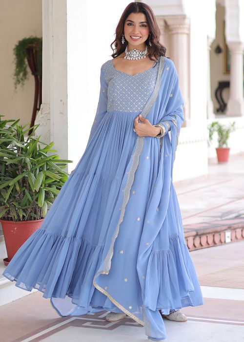Blue Georgette Anarkali Suit With Zari Embroidery