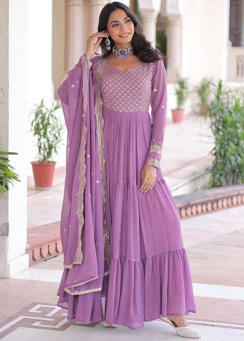 Purple Georgette Anarkali Suit With Sequins Detailing