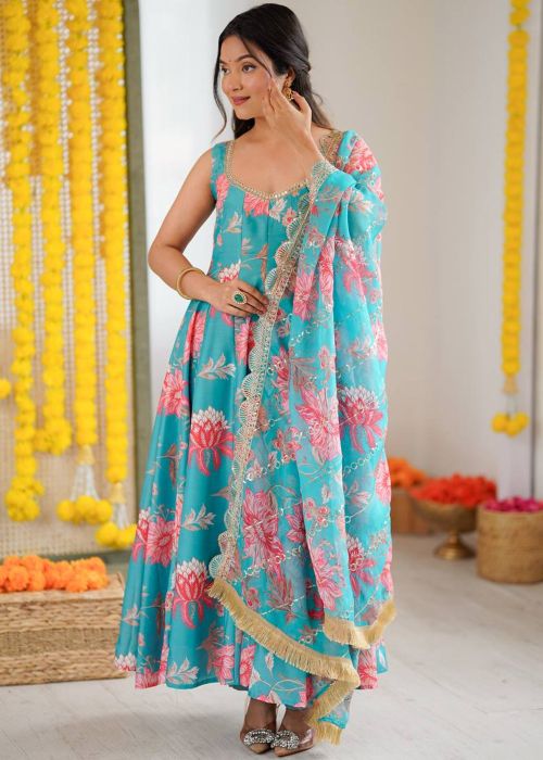 Turquoise Cotton Anarkali Suit With Floral Print