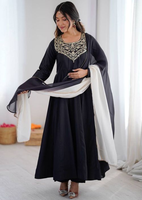 Black Crepe Anarkali Suit With Embroidery Work
