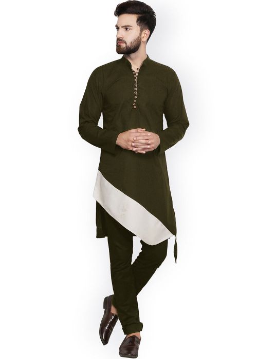 Green Asymmetric Cotton Kurta Pajama Set