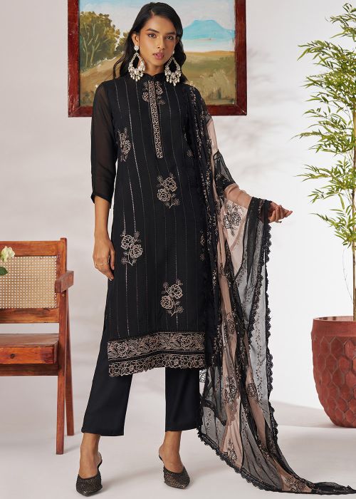 Black Organza Pant Suit With Thread Embroidery