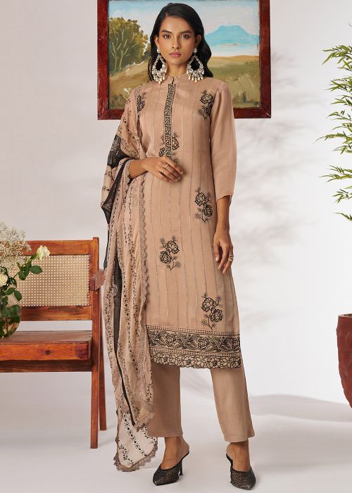 Beige Organza Pant Suit With Sequins Embroidery