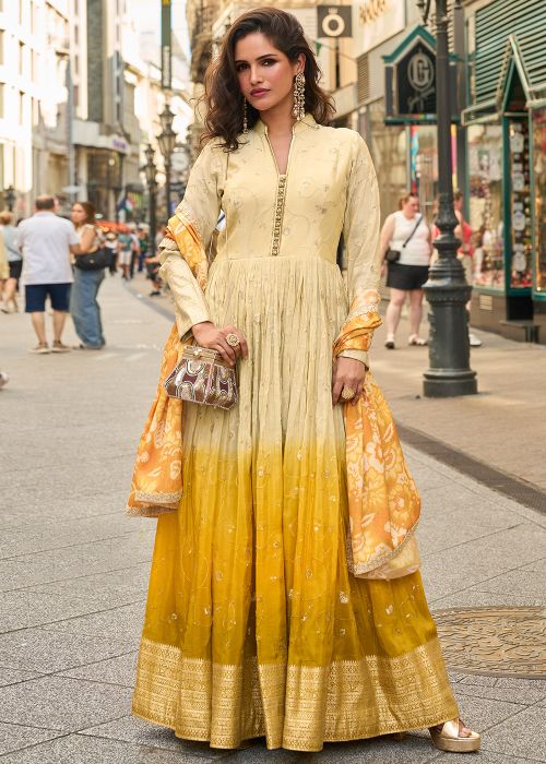 Beige & Yellow Shimmer Anarkali Suit With Floral Dupatta