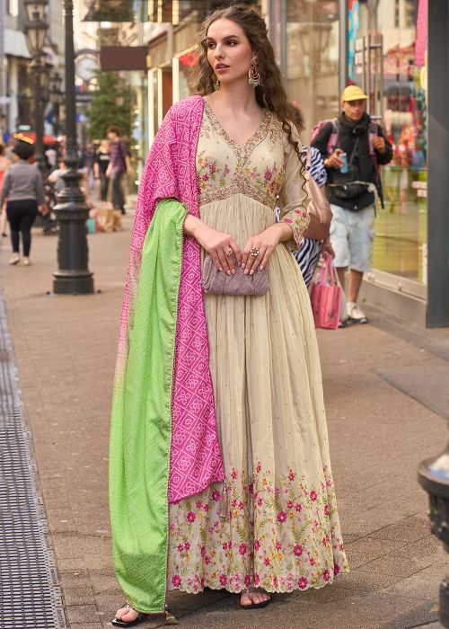 Beige Shimmer Anarkali Suit With Bandhani Dupatta