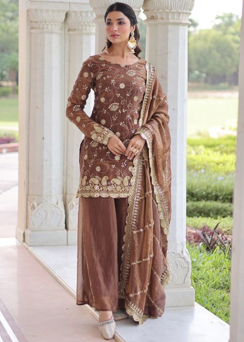 Brown Art Silk Sharara Suit With Heavy Embroidery