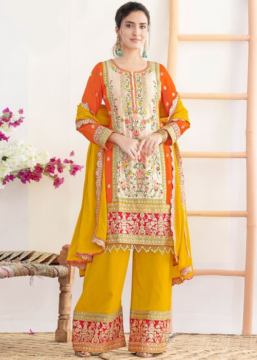 Orange Chiffon Palazzo Suit With Floral Embroidery