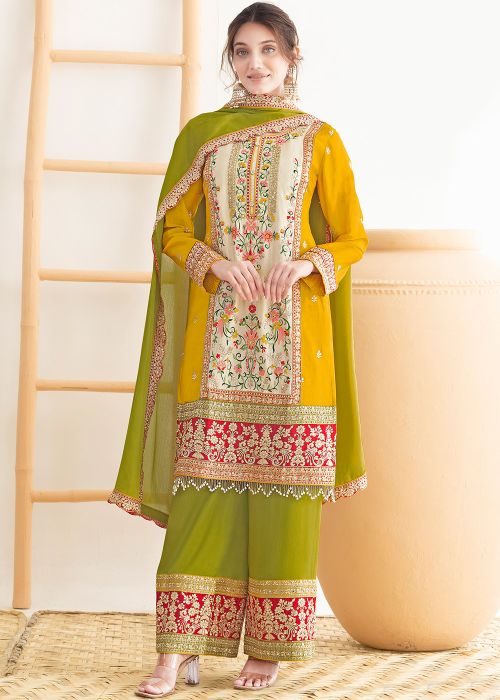 Yellow Chiffon Palazzo Suit With Dori Embroidery