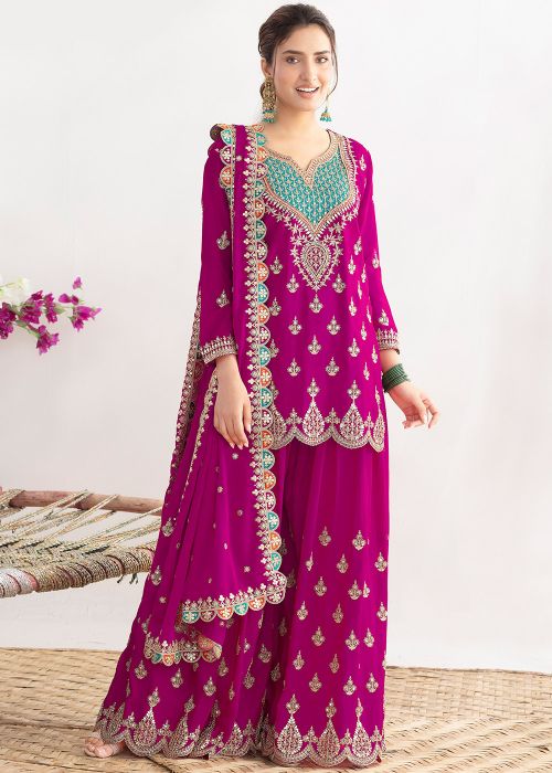Magenta Chiffon Sharara Suit With Mirror Work