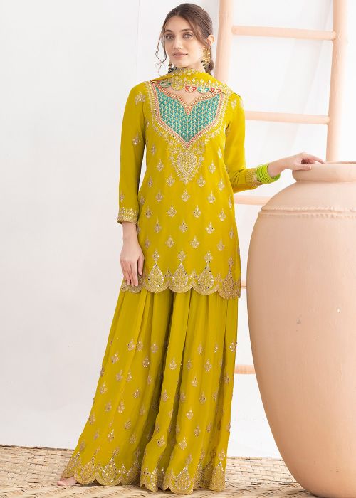 Yellow Chiffon Sharara Suit With Dori Detailing