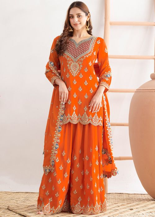 Orange Chiffon Sharara Suit With Dori Embroidery