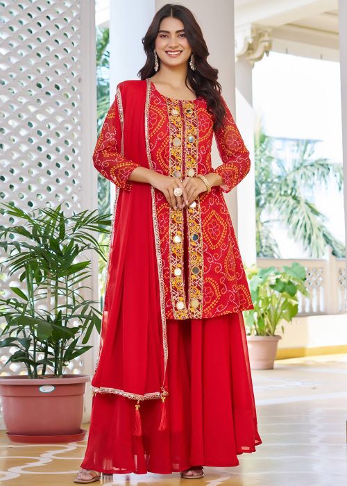 Red Georgette Slit Palazzo Suit with Bandhej Print