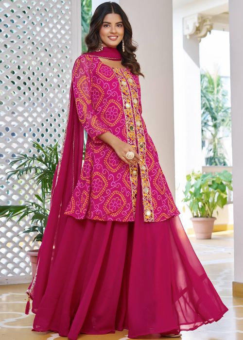 Pink Bandhej Slitted Palazzo Suit With Mirror Detailing