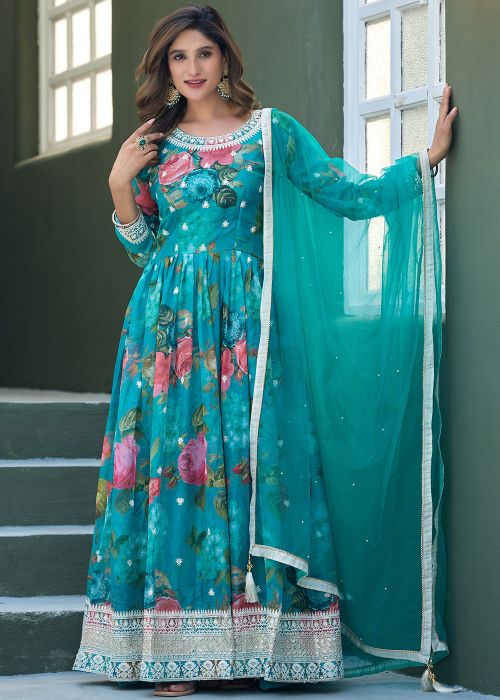 Blue Art Silk Anarkali Suit With Floral Print