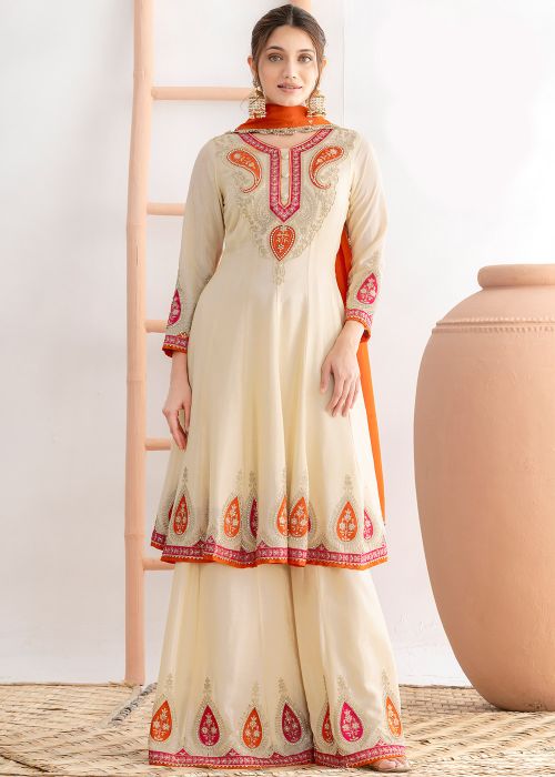 Cream Chiffon Palazzo Suit With Thread Embroidery