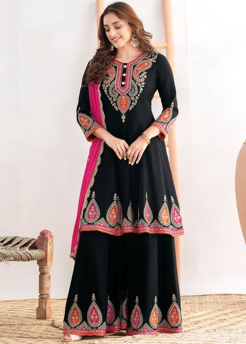 Black Chiffon Palazzo Suit With Thread Detailing