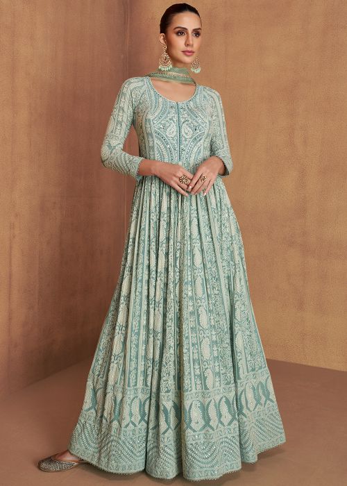 Blue Georgette Anarkali Suit With Thread Embroidery