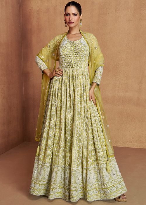 Green Georgette Anarkali Suit With Stone Embroidery