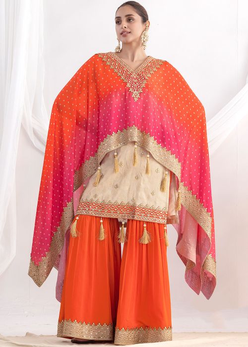 Beige Viscose Sharara Suit With Kaftan Dupatta