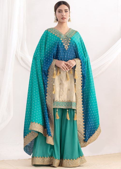 Beige Viscose Sharara Suit With Dori Work