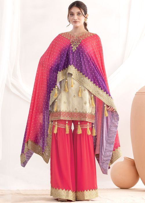 Beige Viscose Sharara Suit With Embroidery Work