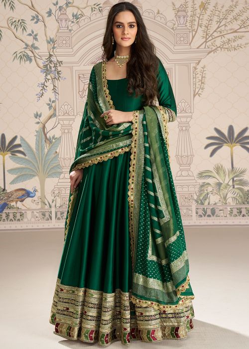 Green Silk Anarkali Suit With Zari Detail