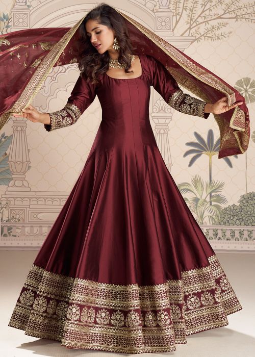 Maroon Silk Anarkali Suit With Zari Accents