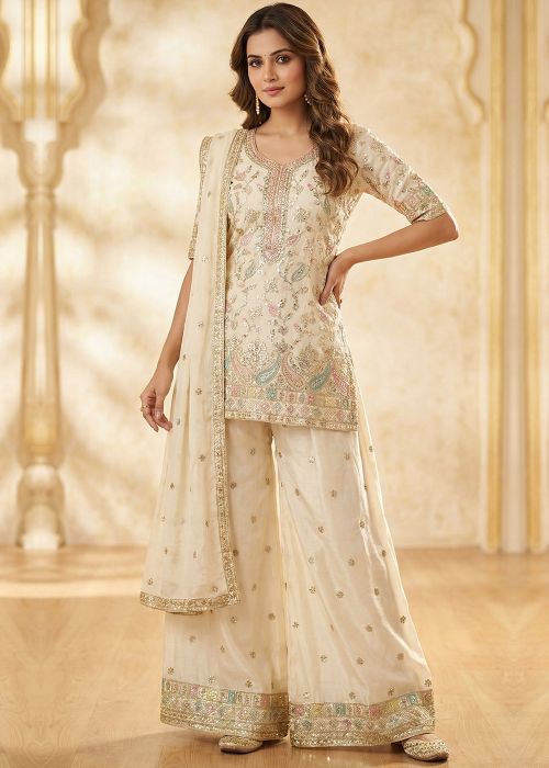 Cream Chiffon Palazzo Suit With Zari Embroidery
