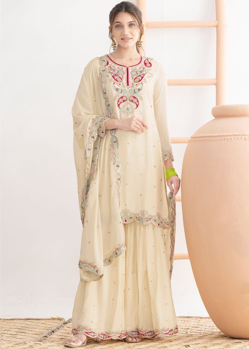 Cream Chiffon Sharara Suit With Thread Embroidery