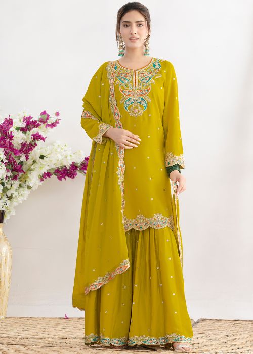 Yellow Chiffon Sharara Suit With Dori Detailing