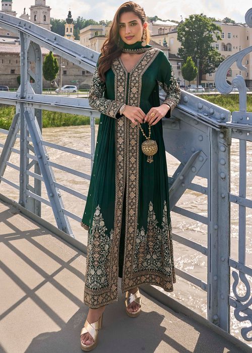 Bottle Green Chiffon Slit Pant Suit With Zari Work