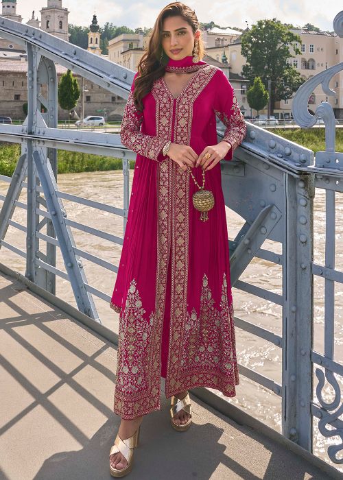 Rani Pink Chiffon Slit Style Suit With Zari Embroidery