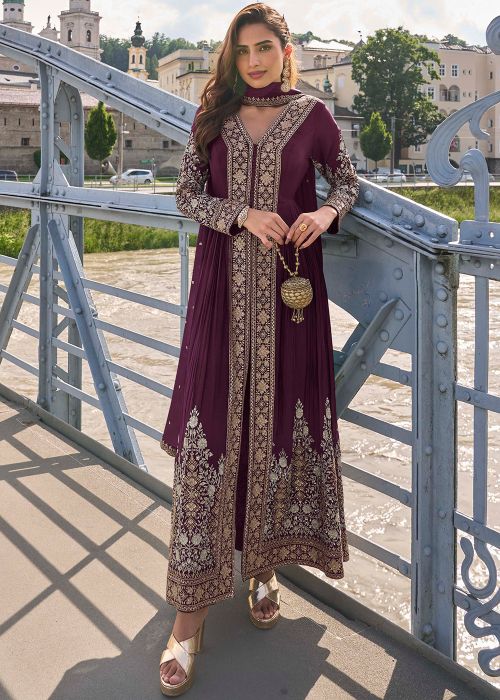 Purple Chiffon Slitted Suit With Zari Work