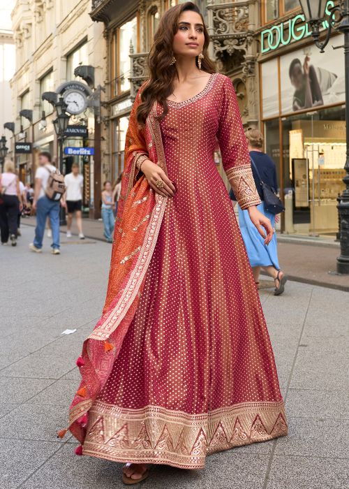 Maroon Anarkali Suit With Woven Zari