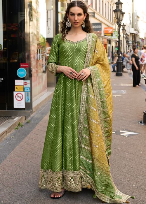 Green Anarkali Suit With Woven Zari Work