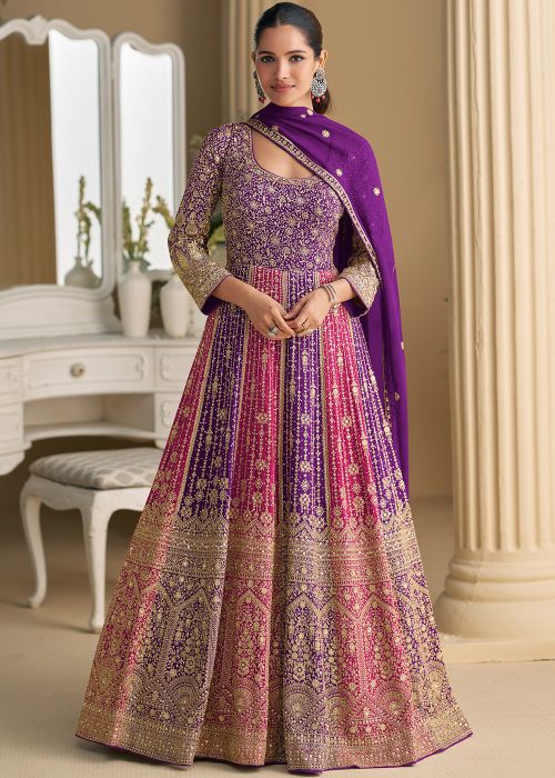Purple Georgette Anarkali Suit With Zari Work