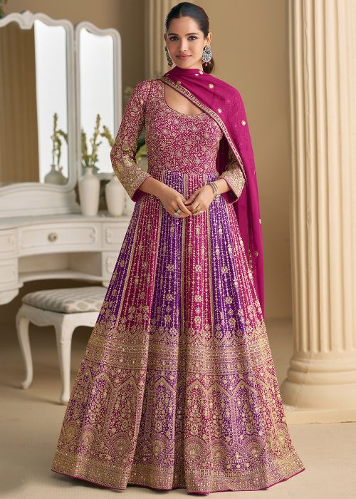 Magenta Anarkali Suit in Georgette With Stone Work