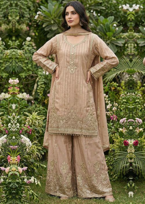 Beige Viscose Sharara Suit With Sequin Work