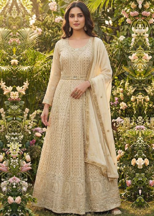Beige Georgette Anarkali Suit With Chikankari Embroidery