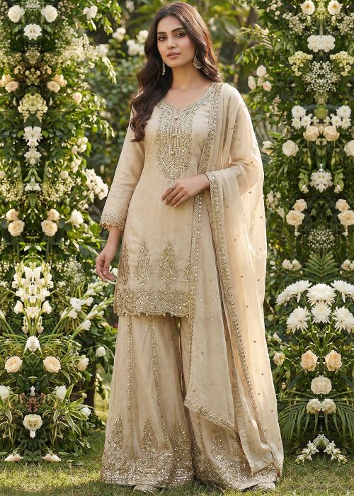 Beige Viscose Sharara Suit With Zari Embroidery