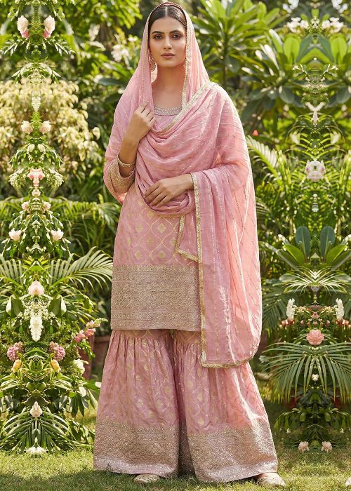 Pink Viscose Sharara Suit With Woven Work