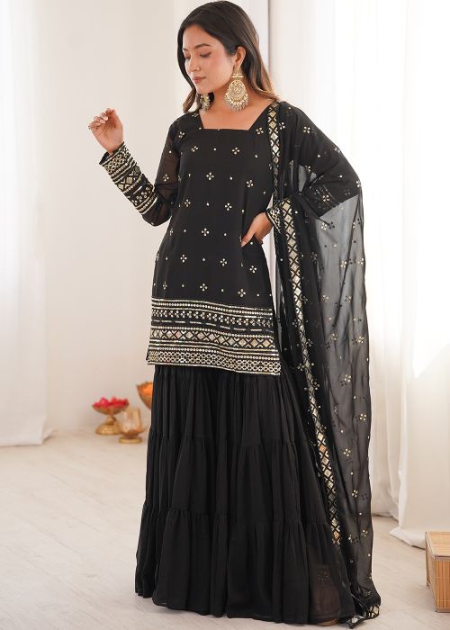 Black Georgette Sharara Suit With Sequin Work