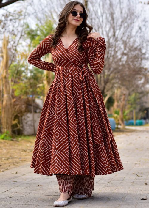 Brown Readymade Digital Printed Cotton Anarkali Kurta
