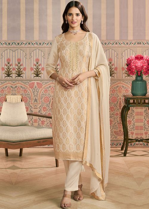 Cream Viscose Pant Suit With Zari Woven Motifs