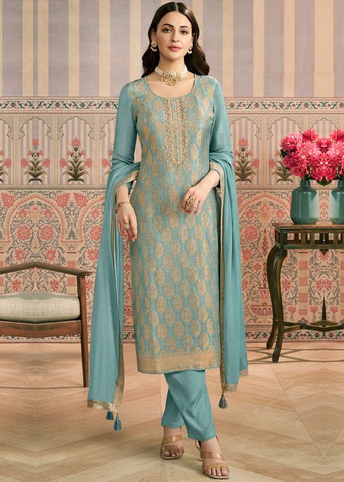 Blue Viscose Pant Suit With Gold Woven Buta