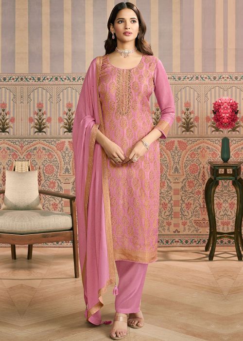 Pink Viscose Pant Suit With Zari Woven Panel