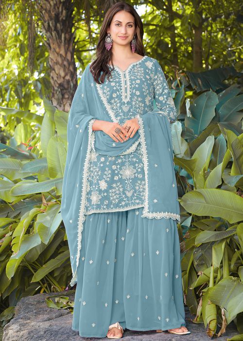 Blue Georgette Sharara Suit With Sequins Work
